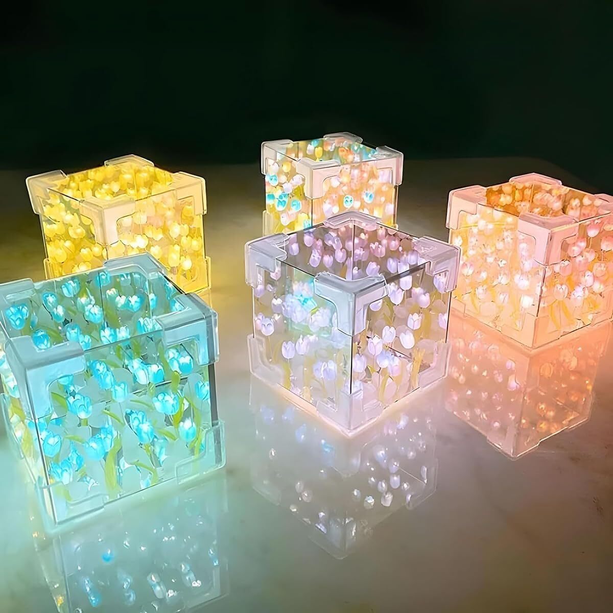Cube Tulip Lamp - Acrylic, 12x12x12 Inches | Unique Personalized Lighting, 2-in-1 Tulip Flower Mirror, Diy Decorative Experience