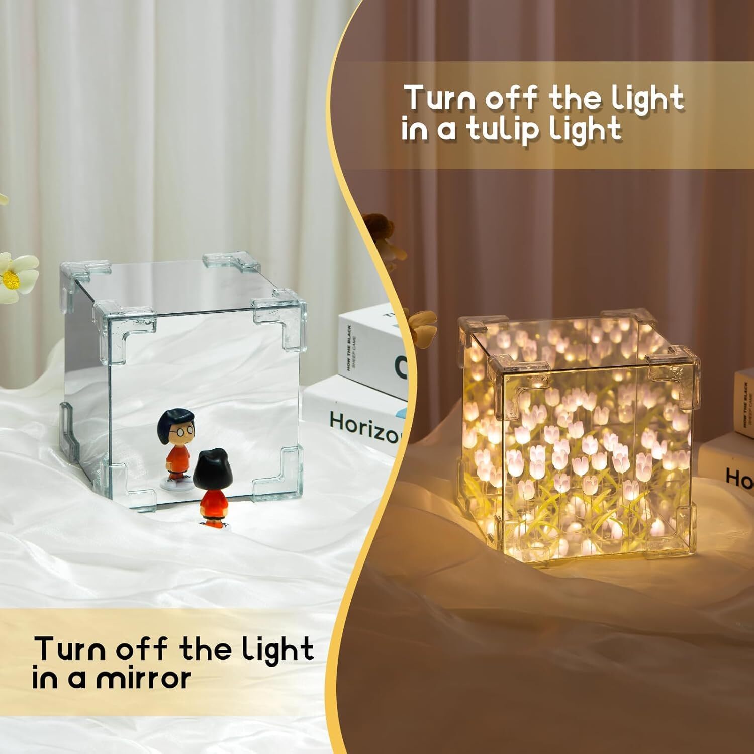 Cube Tulip Lamp - Acrylic, 12x12x12 Inches | Unique Personalized Lighting, 2-in-1 Tulip Flower Mirror, Diy Decorative Experience