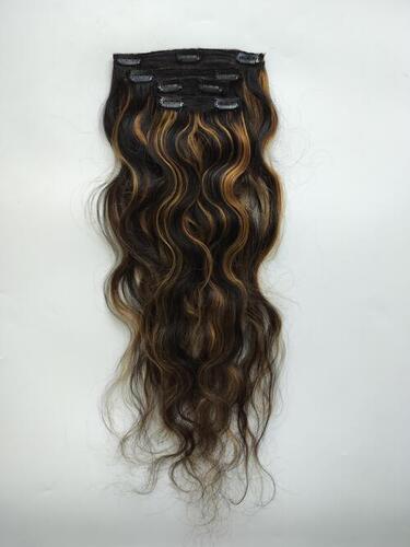 Natural Wavy Brown Highlighted 4 Clip Of Set Virgin Human Hair Extensions - Color: Customized All Color