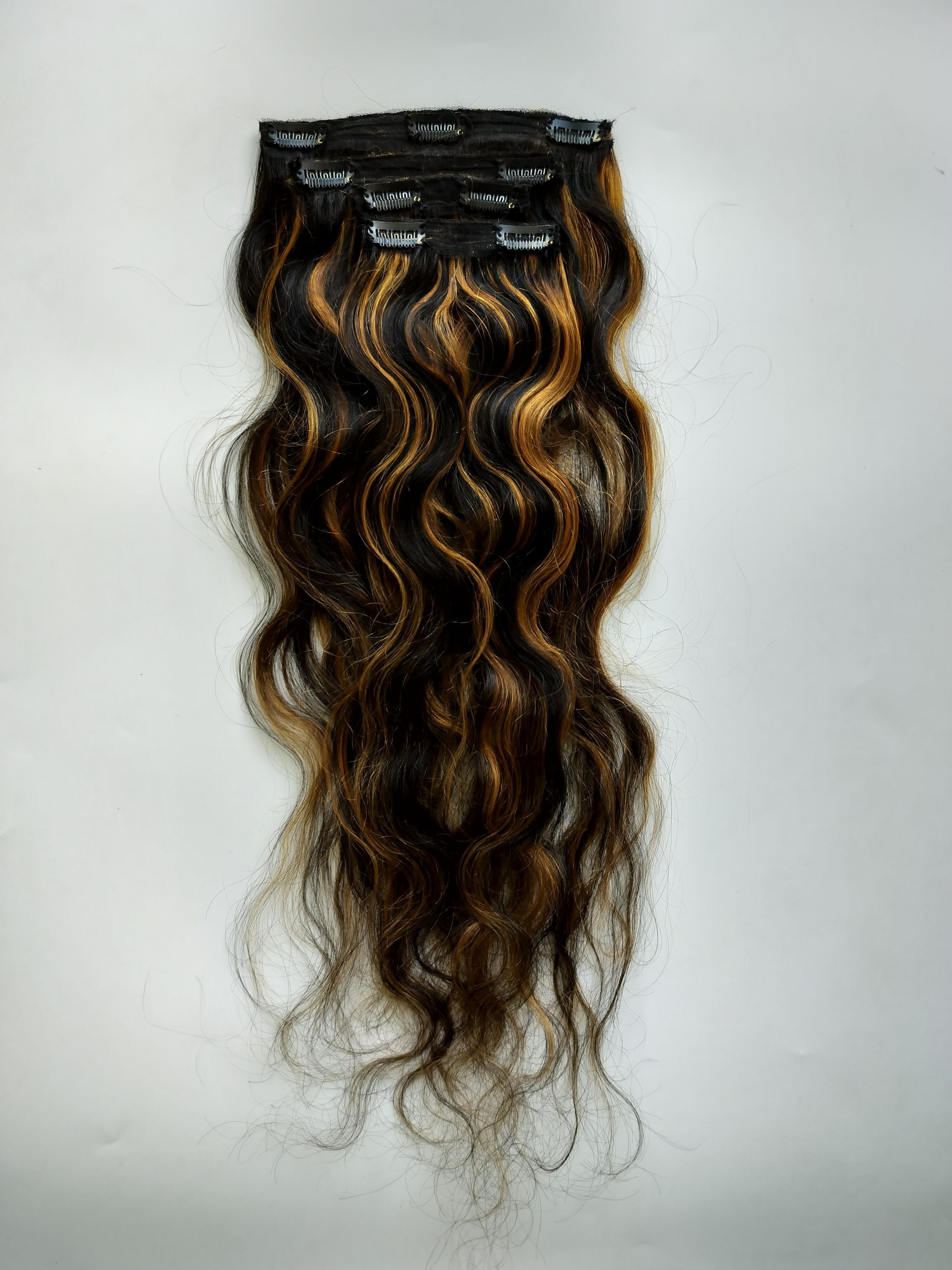 Natural Wavy Brown Highlighted 4 Clip Of Set Virgin Human Hair Extensions - Color: Customized All Color