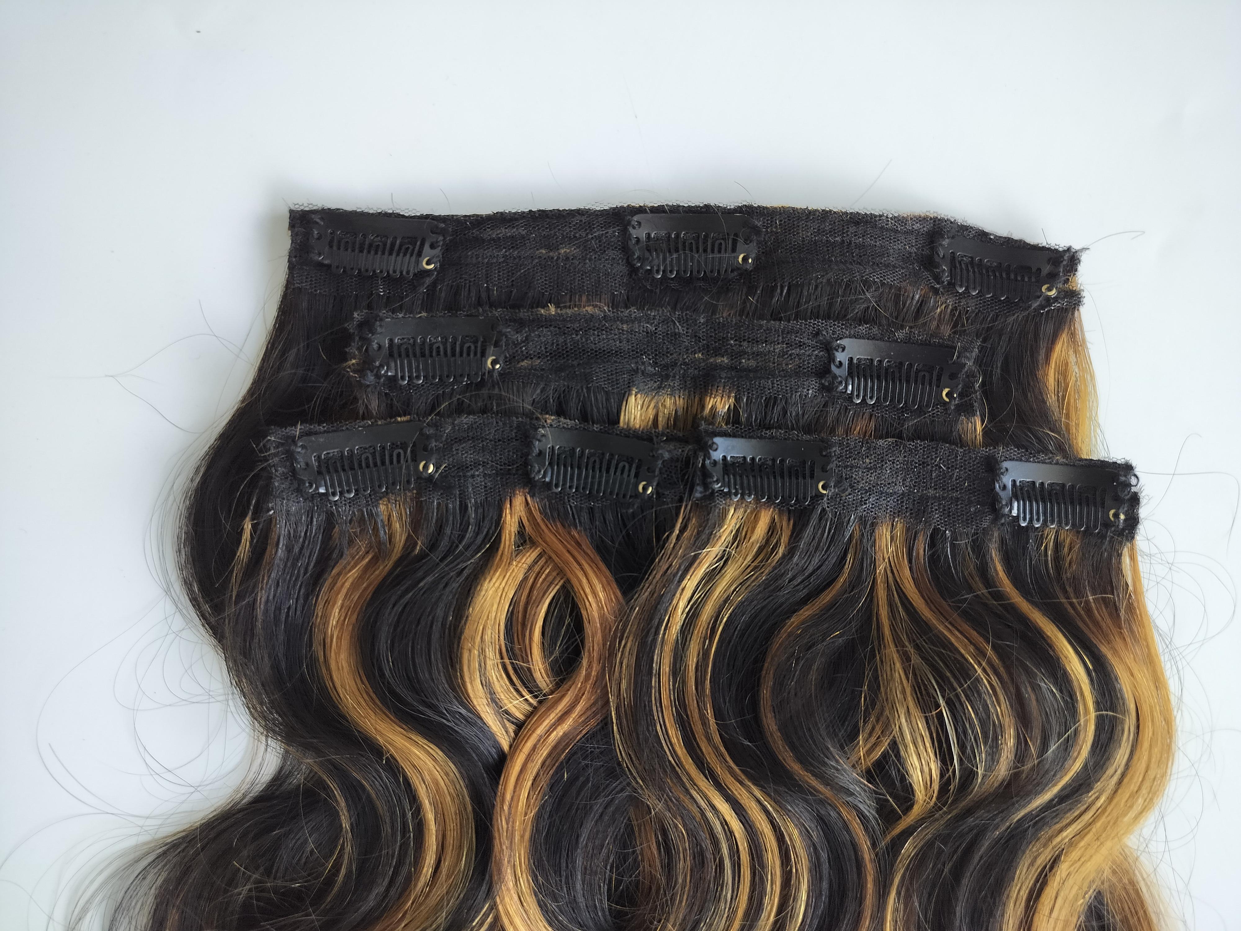 Natural Wavy Brown Highlighted 4 clip of set Virgin Human Hair Extensions