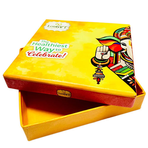 Printed Yellow Cardboard Gift Box - Shape: Square