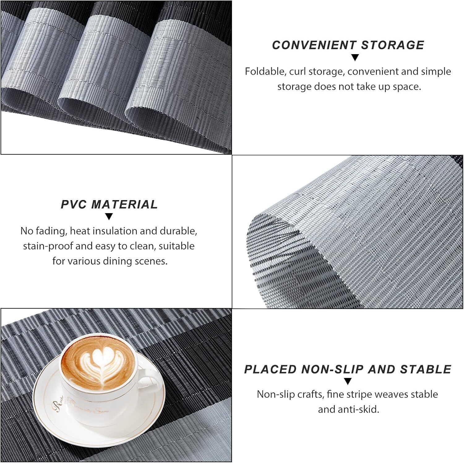 Cherrybox Place Mats, Set Of 4 - Pvc, 30 X 45 Cm, Brown And Black, Silver And Black | Non-slip, Washable, Tear-resistant, Heat Resistant