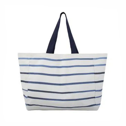 Striped White Canvas Beach Bag - Capacity: 15 Kg Kg/Hr