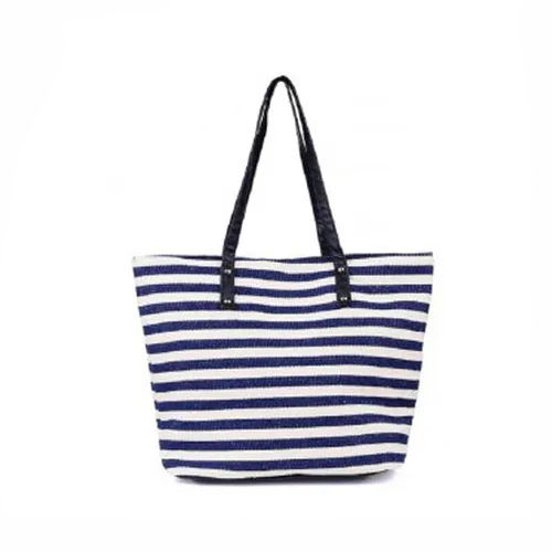 Canvas Strip Tote Beach Bag - Color: White And Blue