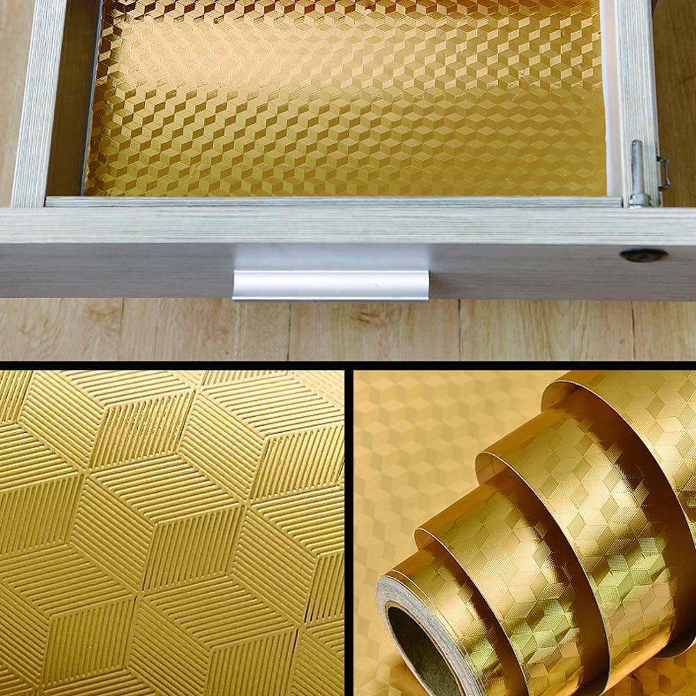 Aluminium Foil Gold Checks Wallpaper - 60x200 Cm, Waterproof, Anti-mold & Heat Resistant, Self-adhesive For Kitchen Walls, Cabinets & Drawers