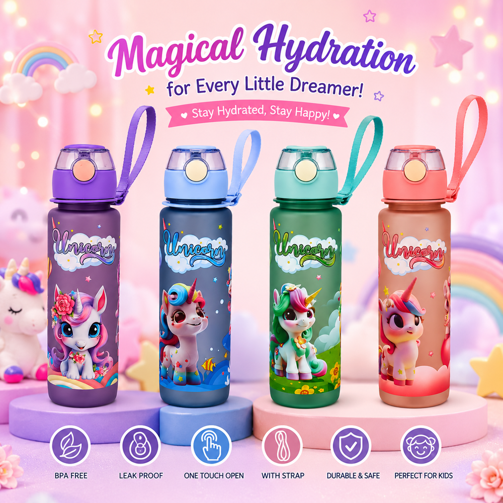 CHERRYBOX KIDS SPACE SIPPER WATER BOTTLE - Plastic 7 x 25 cm Multi Color | Leakproof 650 ML Capacity Cute Astronaut Design Easy Open End Portable with Strap