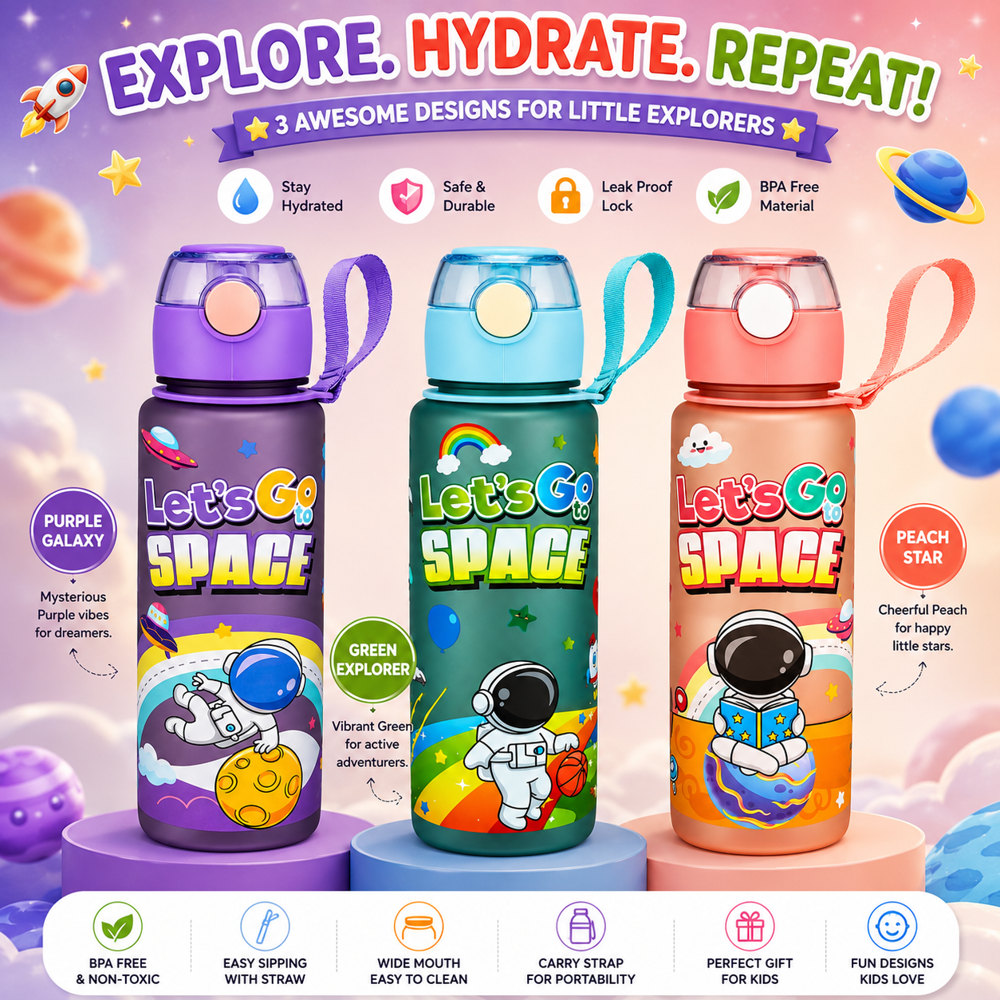 CHERRYBOX KIDS UNICORN SIPPER WATER BOTTLE - Plastic, 7 x 25 cm , 650ml Capacity, Multi Color, Leakproof Design with Rubber Stopper and Portable Strap