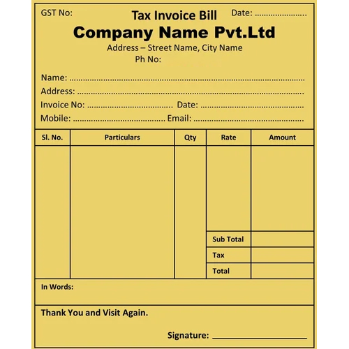 Bill Book Printing Service - Standard Paper, A5/A6 Size, Mustard Yellow Color, Single-sided Printing, Full Customization | Ideal for Business Invoicing, Tax Records, and Sales Tracking, 100-1000+ Quantity, 2-5 Days Turnaround