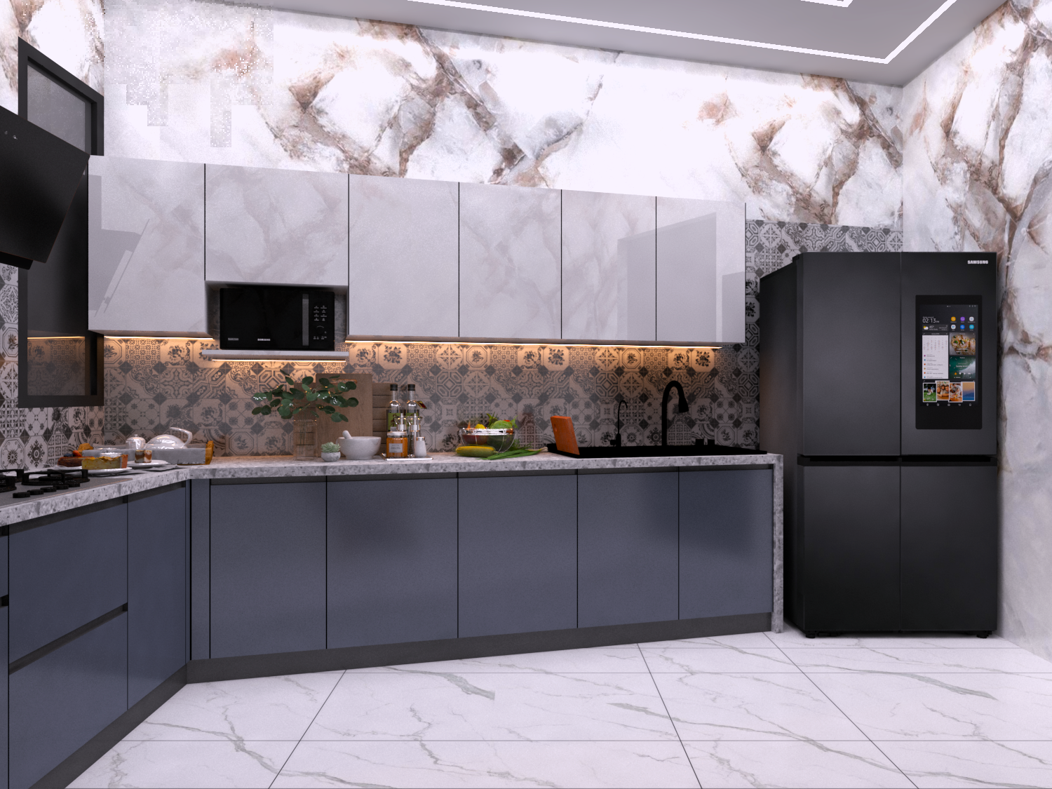 L Shape Modular Kitchen - Color: Blue