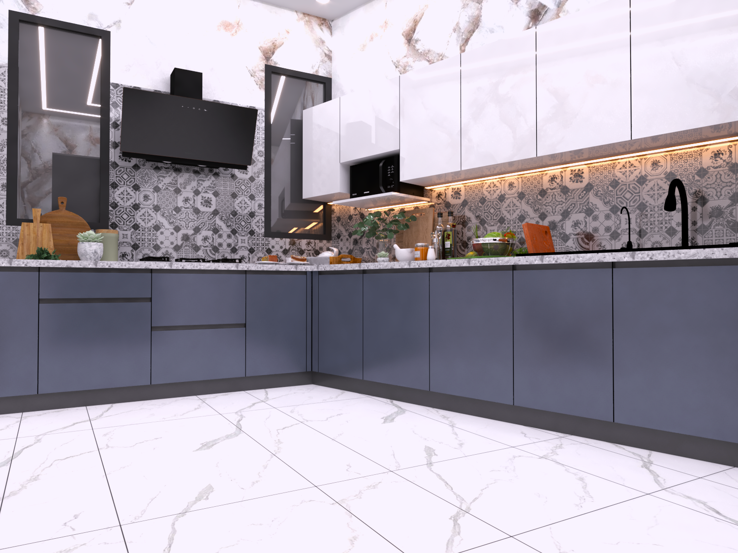 L Shape Modular Kitchen - Color: Blue