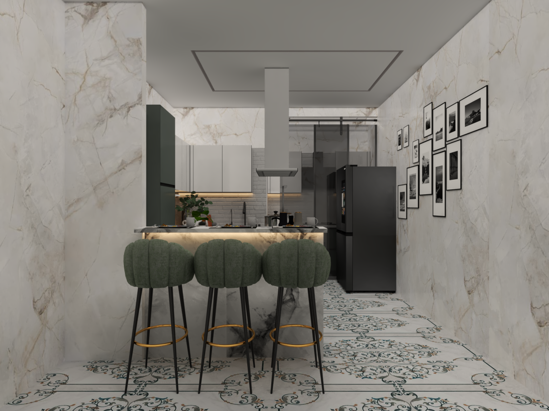 Island Modular Kitchen - Color: Olive Green