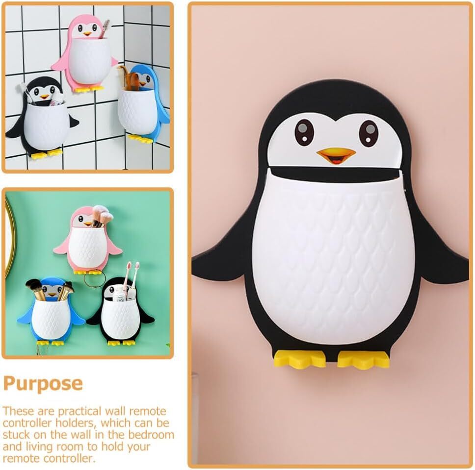 Wall Mounted Penguin Design Toothpaste Holder - Plastic 7.8x1x7.8 Cm | Cute Animal Toothbrush Holder Versatile Phone & Remote Controller Organizer