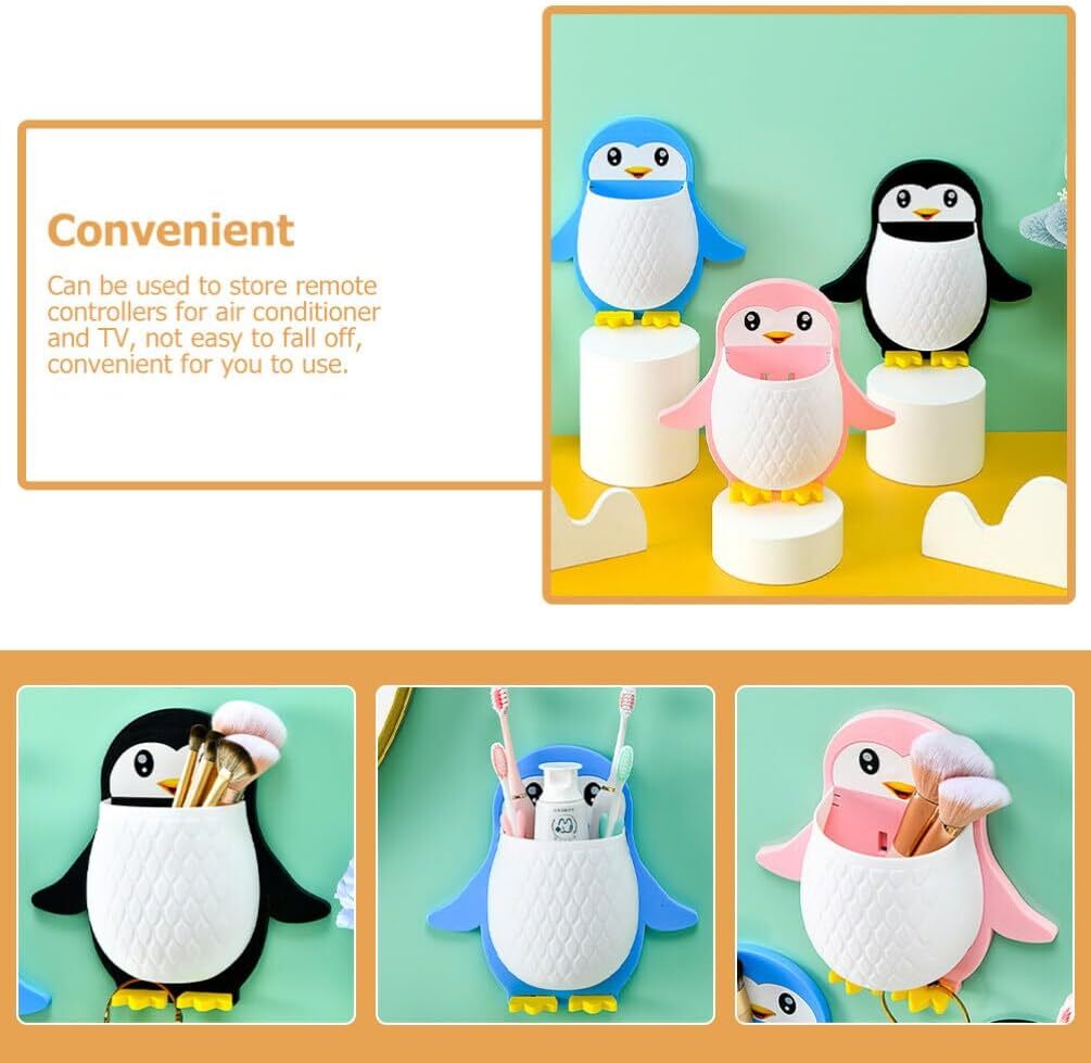 Wall Mounted Penguin Design Toothpaste Holder - Plastic 7.8x1x7.8 Cm | Cute Animal Toothbrush Holder Versatile Phone & Remote Controller Organizer