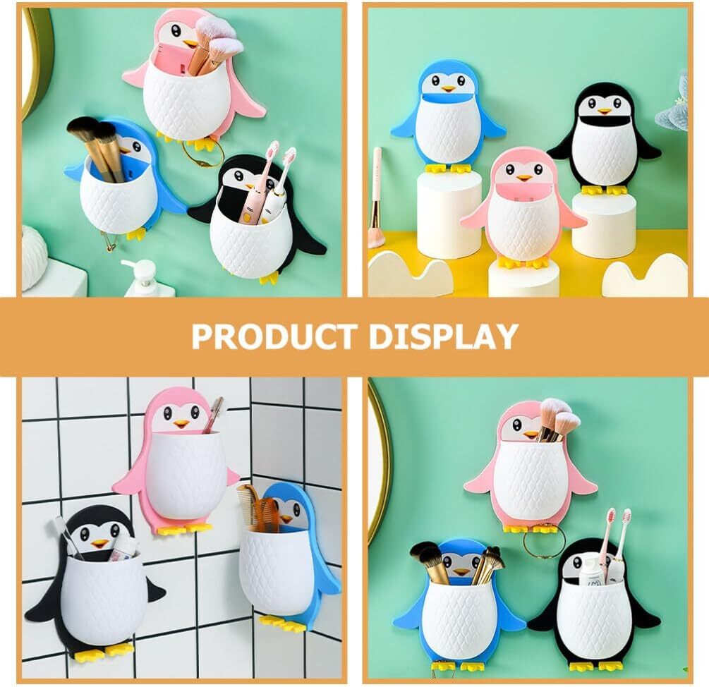 Wall Mounted Penguin Design Toothpaste Holder - Plastic 7.8x1x7.8 Cm | Cute Animal Toothbrush Holder Versatile Phone & Remote Controller Organizer