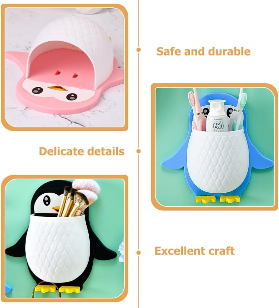 Wall Mounted Penguin Design Toothpaste Holder - Plastic 7.8x1x7.8 Cm | Cute Animal Toothbrush Holder Versatile Phone & Remote Controller Organizer