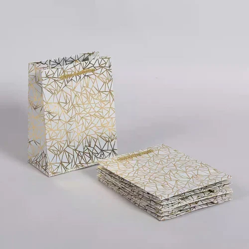 Printed Paper Gift Bag - Corrugated Board, 16.5x21.5x9 cm, White & Golden | Eco-Friendly, Customizable Designs, Max Load 2 kg