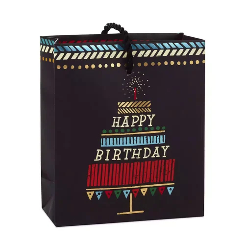 Happy Birthday Cake Gift Card Holder Mini Bag - Kraft Paper, 8x8 Inches, Black Base | Recyclable, Customizable Designs & Patterns