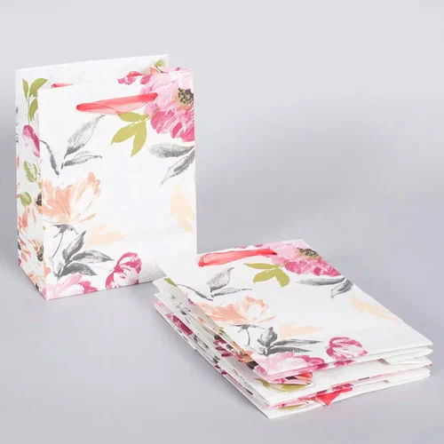 Floral Printed Kraft Paper Gift Carrying Mini Bag - Color: White (Base)