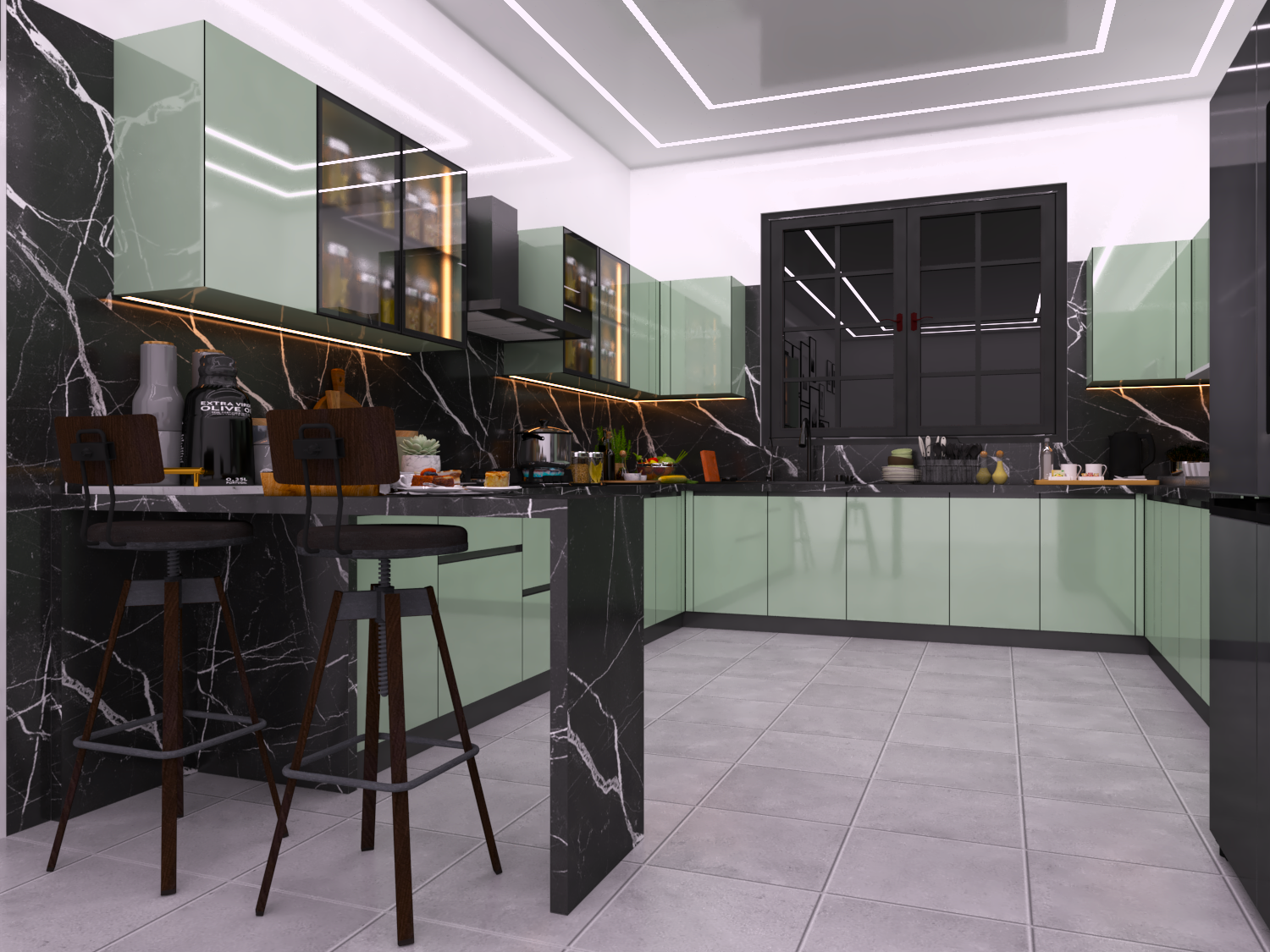 U Shape Designer Kitchen with Breakfast Counter