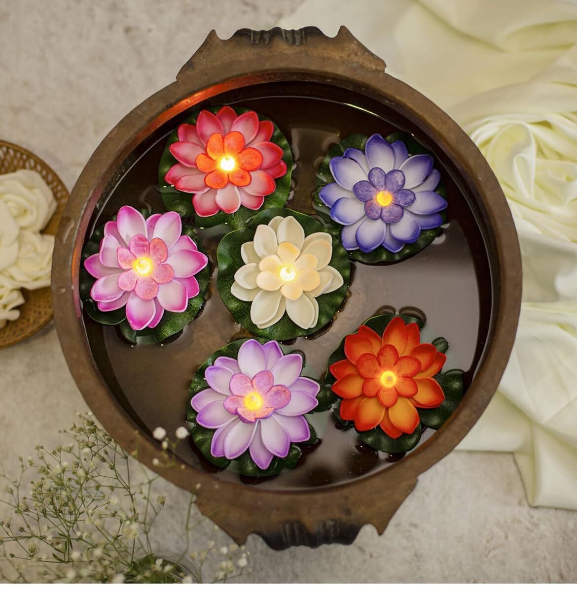 Lotus Flower Shape Water Sensor Candle - Plastic, Pack Of 3 Multicolored Floating Smokeless Led Tea Lights | Long-lasting, Indoor & Outdoor Use, Enchanting Ambiance