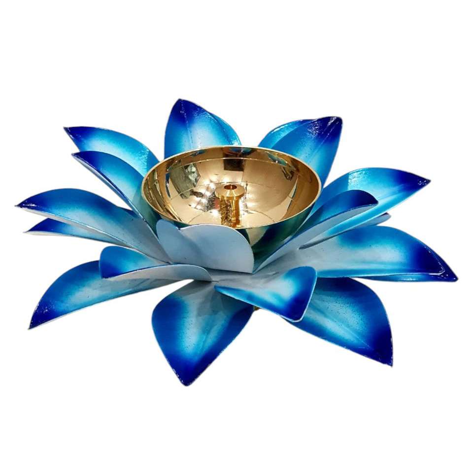 Brass Lotus Diya (Blue)