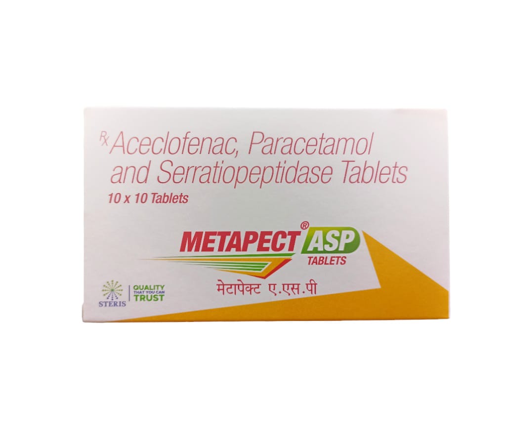 Aceclofenac IP (100 mg), Paracetamol IP (325 mg) , Serratiopeptidase IP (15 mg)