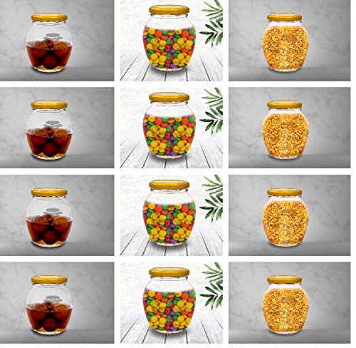 Printed Round Glass Jar Set For Kitchen Storage With Golden Lid