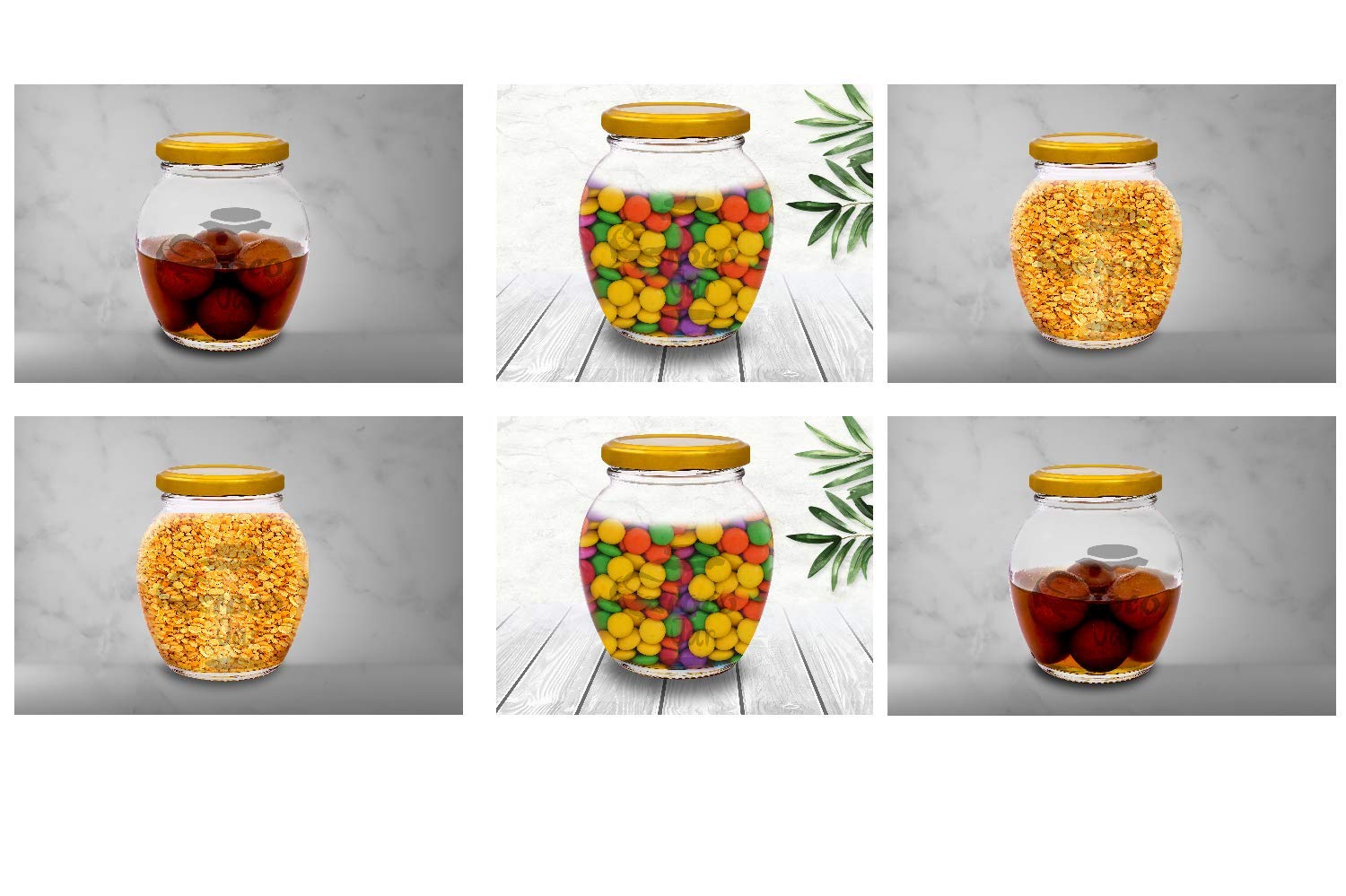 Printed Round Glass Jar Set For Kitchen Storage With Golden Lid
