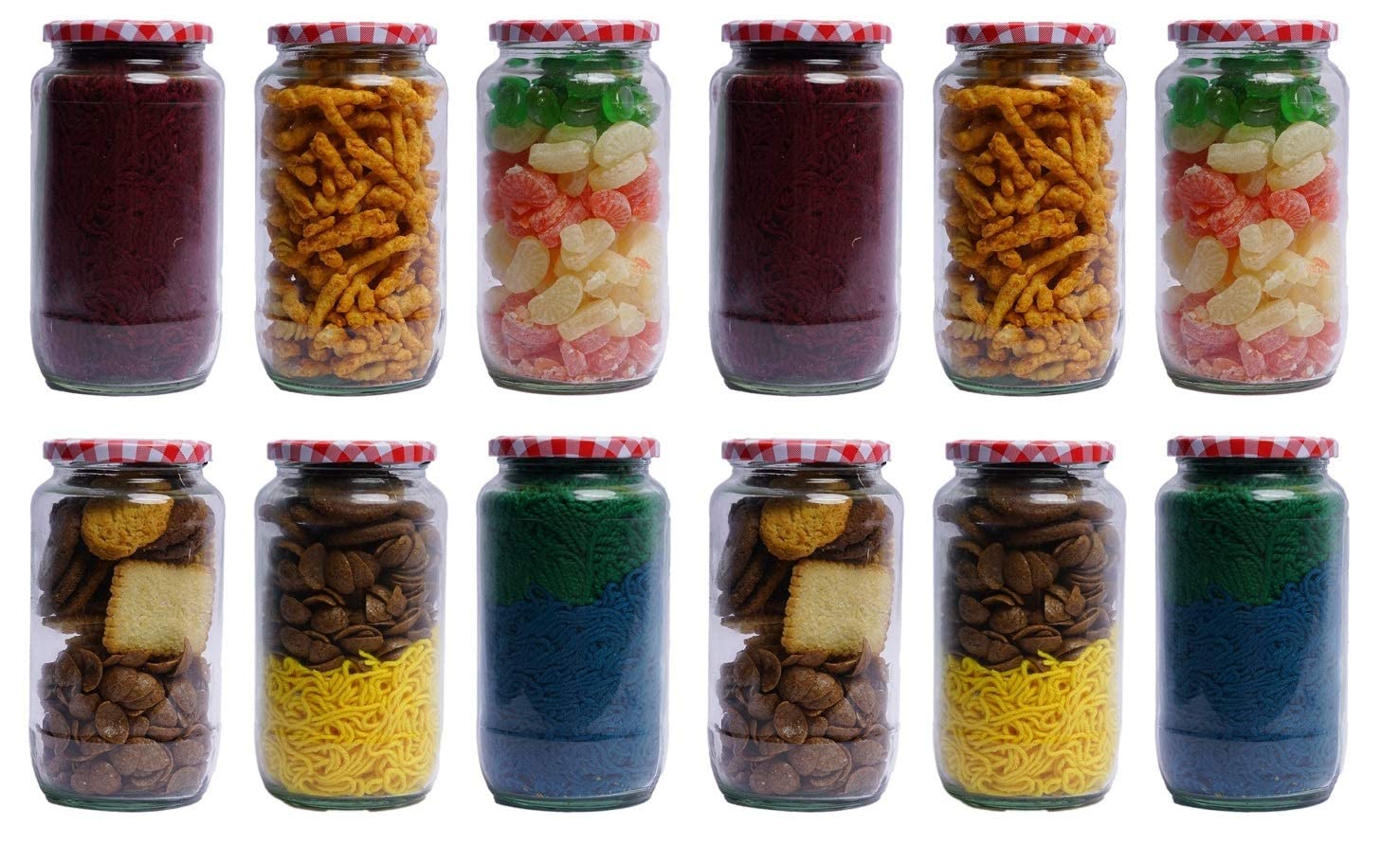 Croco Glass Jar With Air Tight Red Stripe Lid - 12 Piece Set Plastic Steel Glass Screw Type Caps For Dry Fruits Juice & Water Storage