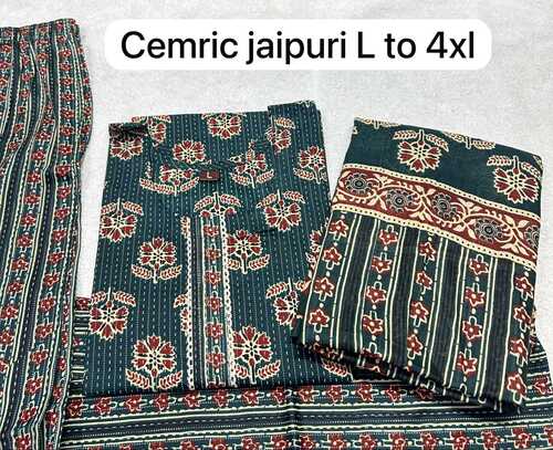 Cemric Kurti - Cotton 3 Piece Set, Green Floral Print 3/4 Sleeves, Comfortable Fit, Versatile Style, Round Neck