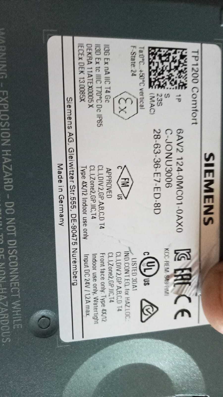 SIEMENS 6AV2 124-0MC01-0AX0 (C-JONU3006) HMI NOT WORKING