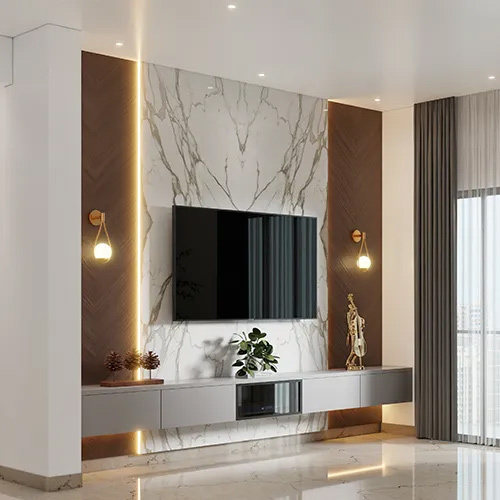 Tv Unit - Wood, Metal & Laminate, 200cm X 40cm X 180cm, Gray Black & Marble White | Modern Design, Sliding Doors, Integrated Lighting, Extended Shelving