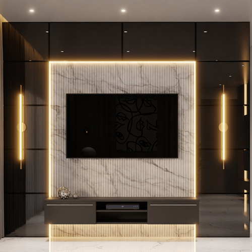 Tv Unit - Wood, Metal & Laminate, 200cm X 40cm X 180cm, Gray Black & Marble White | Modern Design, Sliding Doors, Integrated Lighting, Extended Shelving