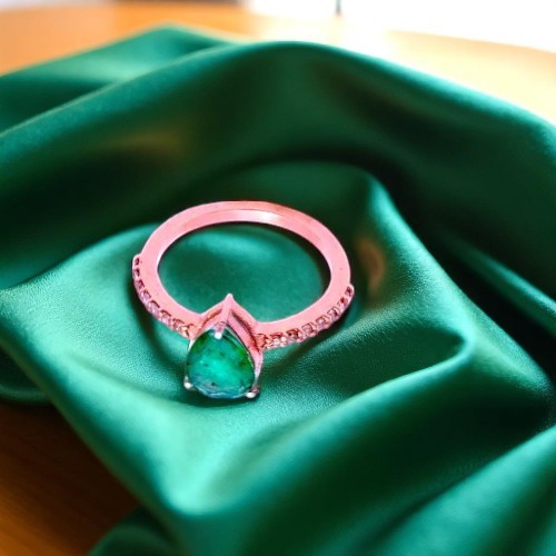 Customizable Natural Emerald Ring With Pave Setting | Rose/Yellow/White Gold Plating - Gender: Women
