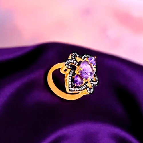 Custom Amethyst & Cz Ring In 925 Silver | Oval & Pear Cut, Pave Setting, Antique Finish - Gender: Women