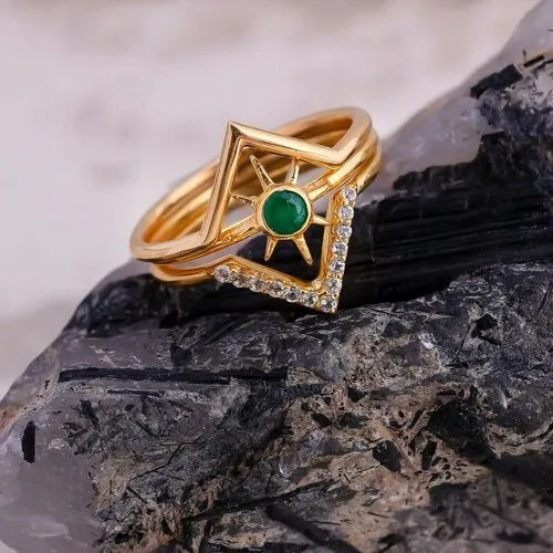 Emerald Three Finger Silver Ring