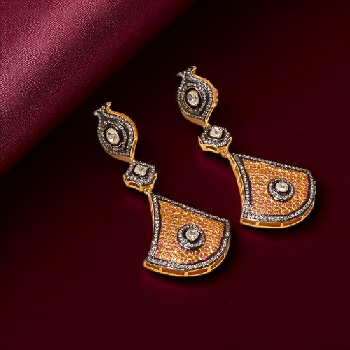 Handcrafted Sterling Silver Polki Earrings with CZ & Red Stone | 2.5 Inch, 25g