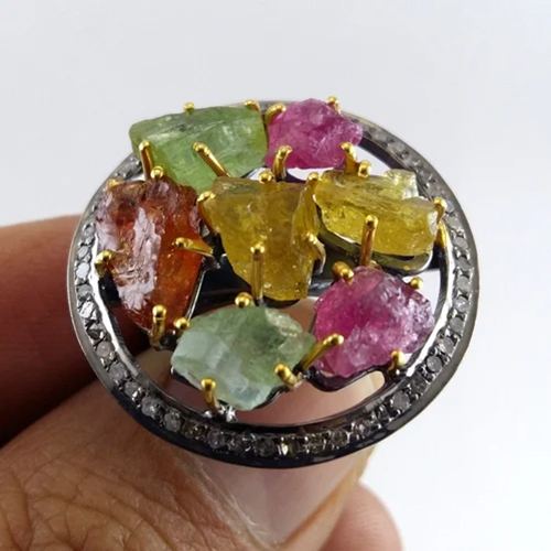 Multi Tourmaline Diamond And Silver Ring