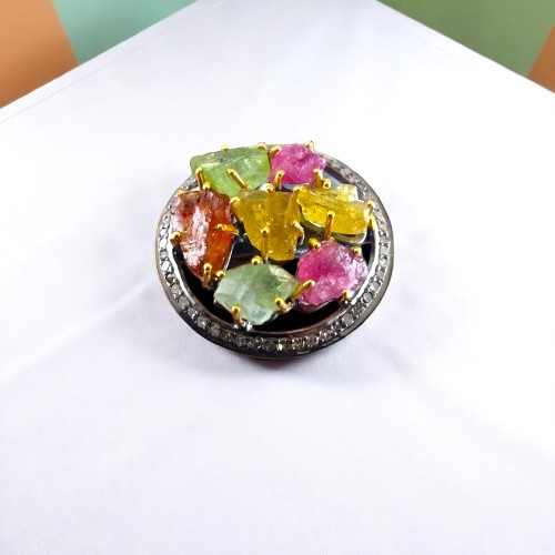Multi Tourmaline Diamond Ring in 925 Silver with Emerald-Cut Fancy Diamonds