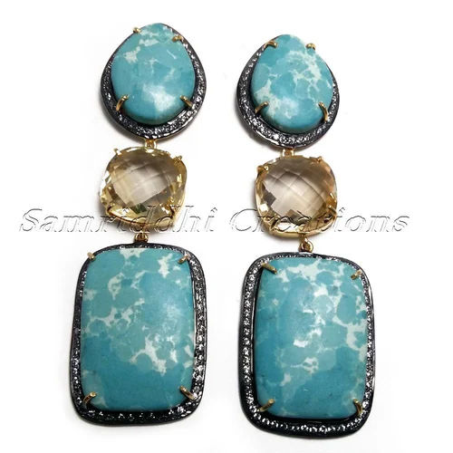 Larimar And Citrine 925 Sterling Silver Dangler Earring - Shape: Emerald