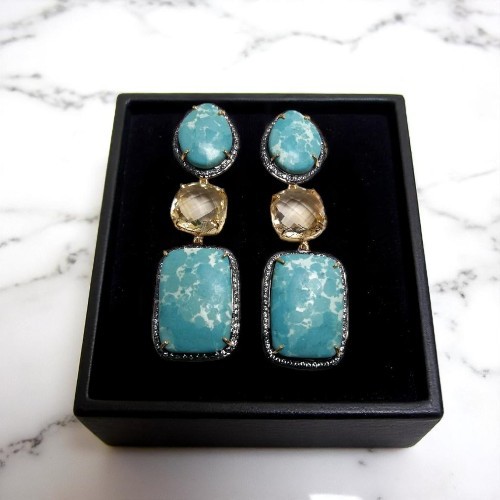 old Plated Sterling Silver Dangle Earrings with Larimar, Citrine & White Topaz | Antique Finish | Handmade in Jaipur