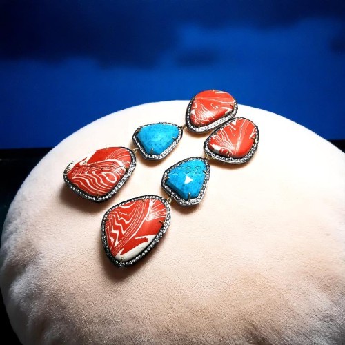 Handcrafted 925 Silver Dangle Earrings with Natural Red Striped Agate & Turquoise | Antique Finish | 3.2 Inch