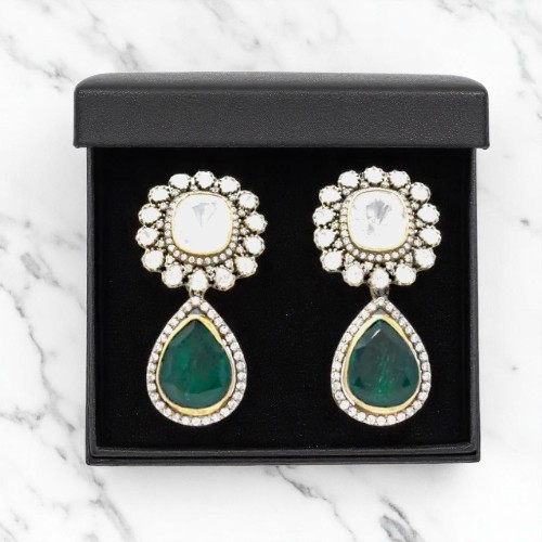 Sterling Silver Drop Earrings with Lab Moissanite & Synthetic Emerald | Skin-Friendly | Handcrafted in Jaipur