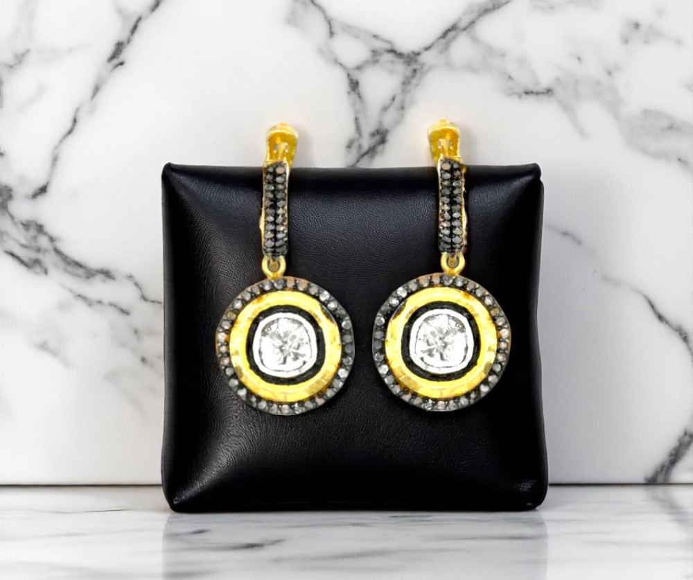 Gold Plated Sterling Silver Polki Drop Earrings with Pave Diamond