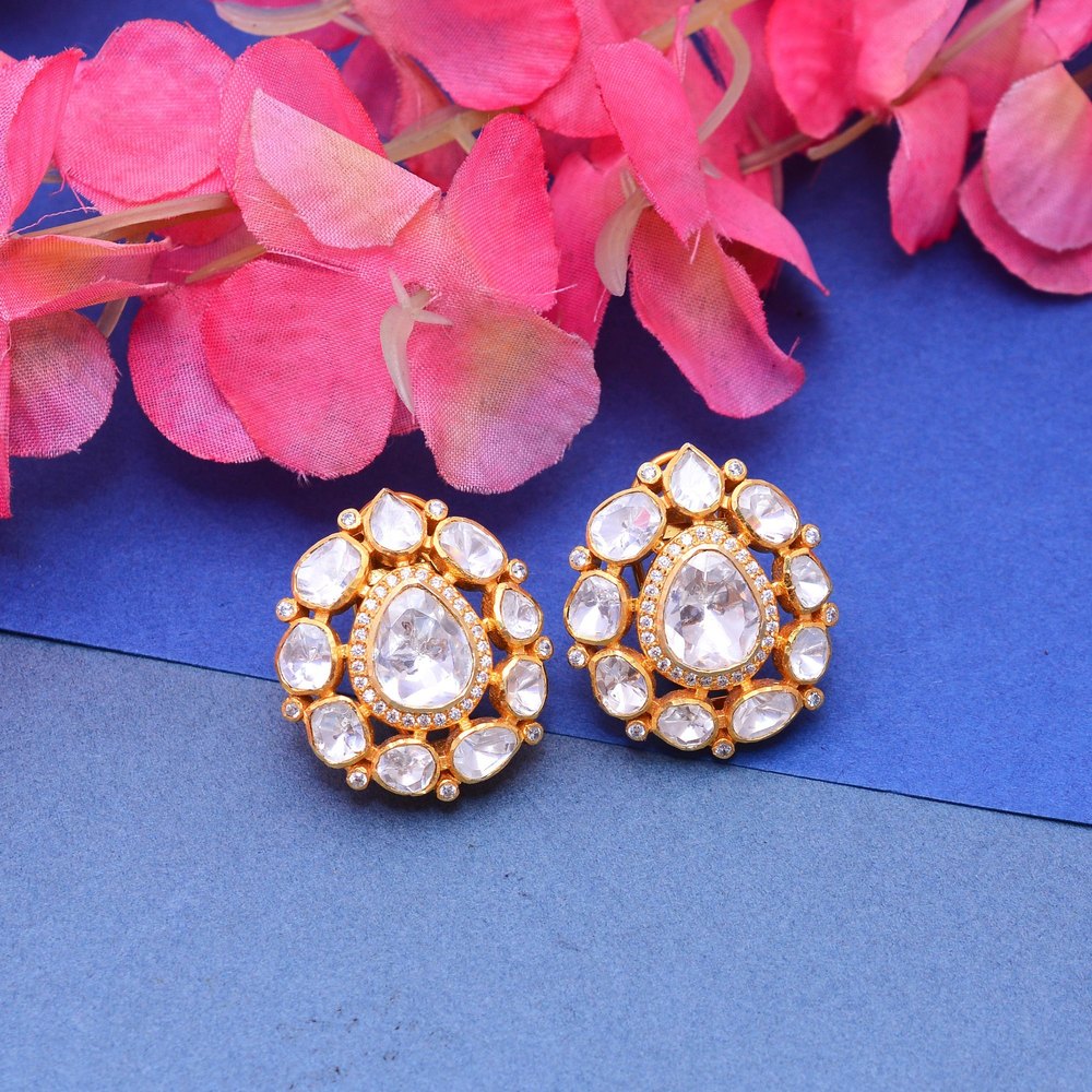Gold Plated Silver Earring With Moissanite & Zircon | 1.1 Inch | Handcrafted In Jaipur - Gender: Women
