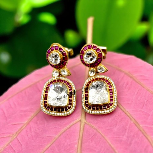 Antique Gold Plated Silver Earrings with Moissanite & Ruby 