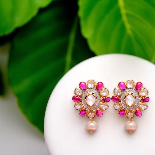 Gold Plated Silver Stud Earrings With Moissanite, Ruby & Pearl - Gender: Women