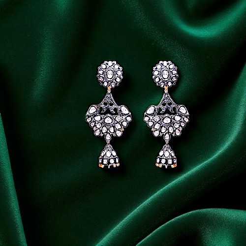 Natural Diamond & Polki Dangle Earrings in Gold Plated Silver 
