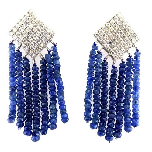 925 Sterling Silver Sapphire Diamond Earrings - Diamond Cut: Excellent